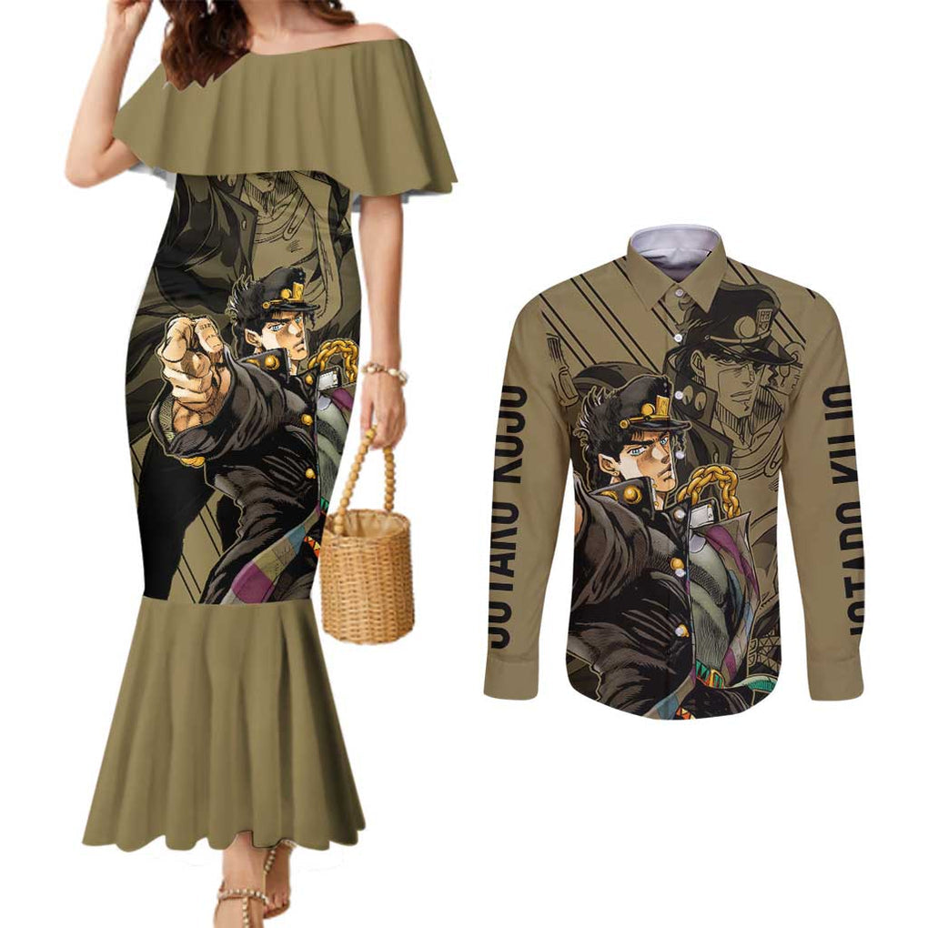 Jotaro Kujo - JoJo's Bizarre Adventure Couples Matching Mermaid Dress and Long Sleeve Button Shirt Anime Mix Black Sketch Style