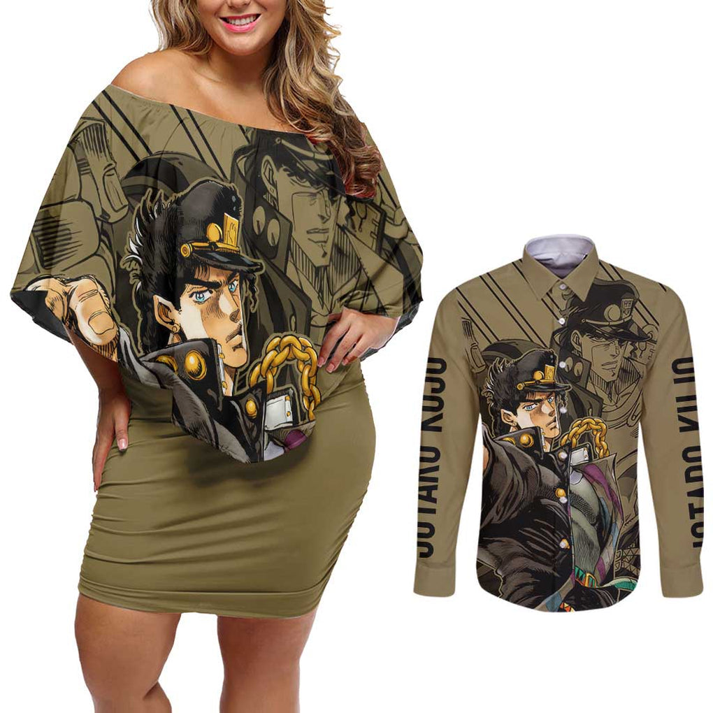 Jotaro Kujo - JoJo's Bizarre Adventure Couples Matching Off Shoulder Short Dress and Long Sleeve Button Shirt Anime Mix Black Sketch Style