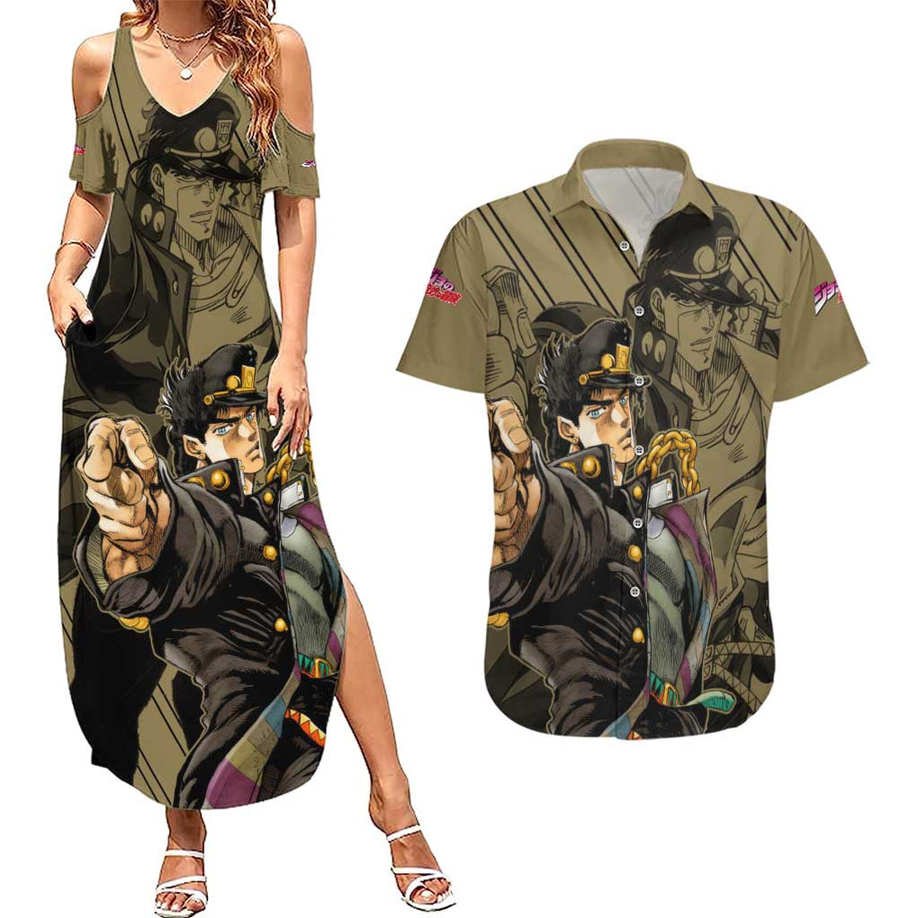 Jotaro Kujo - JoJo's Bizarre Adventure Couples Matching Summer Maxi Dress and Hawaiian Shirt Anime Mix Black Sketch Style