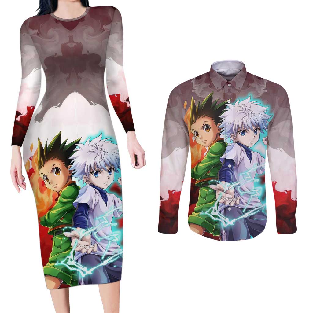 Power Duo Gon & Killua Hunter X Hunter Couples Matching Long Sleeve Bodycon Dress and Long Sleeve Button Shirt Anime Style