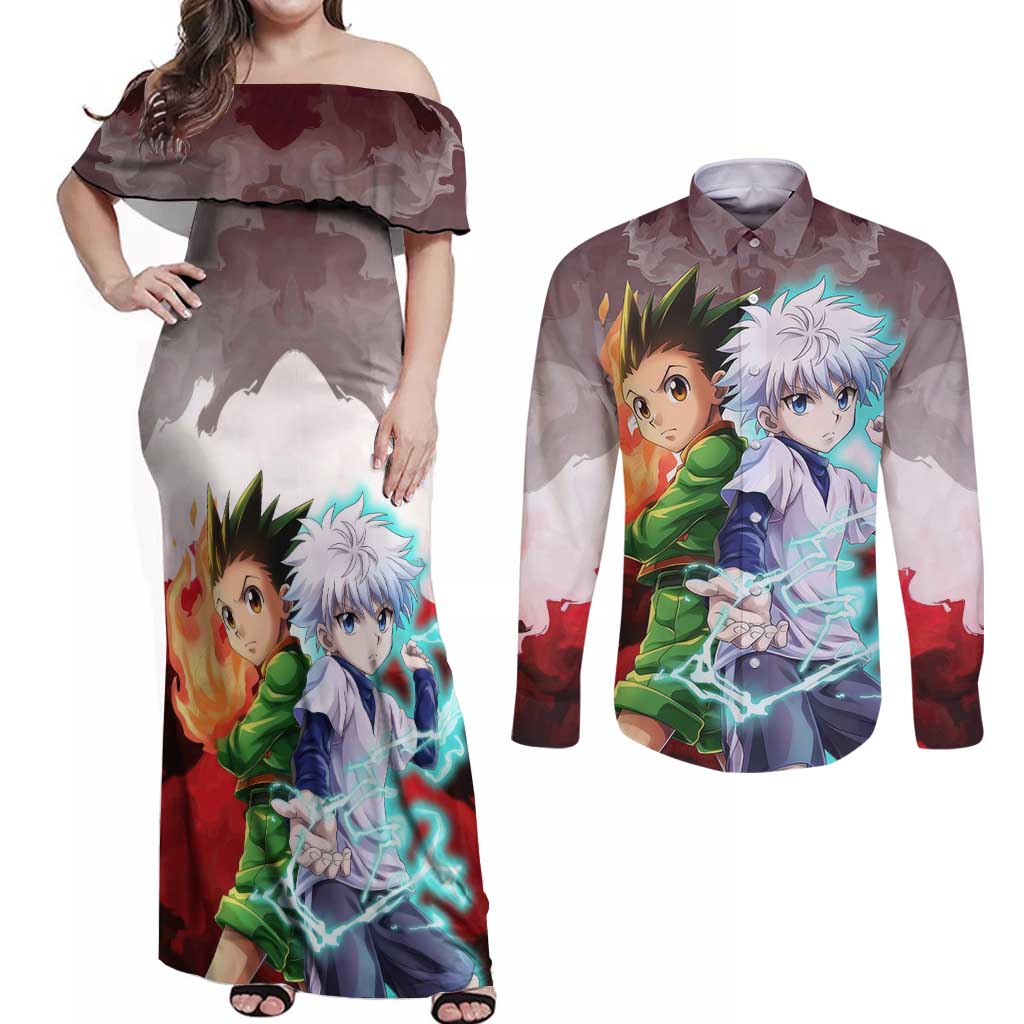 Power Duo Gon & Killua Hunter X Hunter Couples Matching Off Shoulder Maxi Dress and Long Sleeve Button Shirt Anime Style