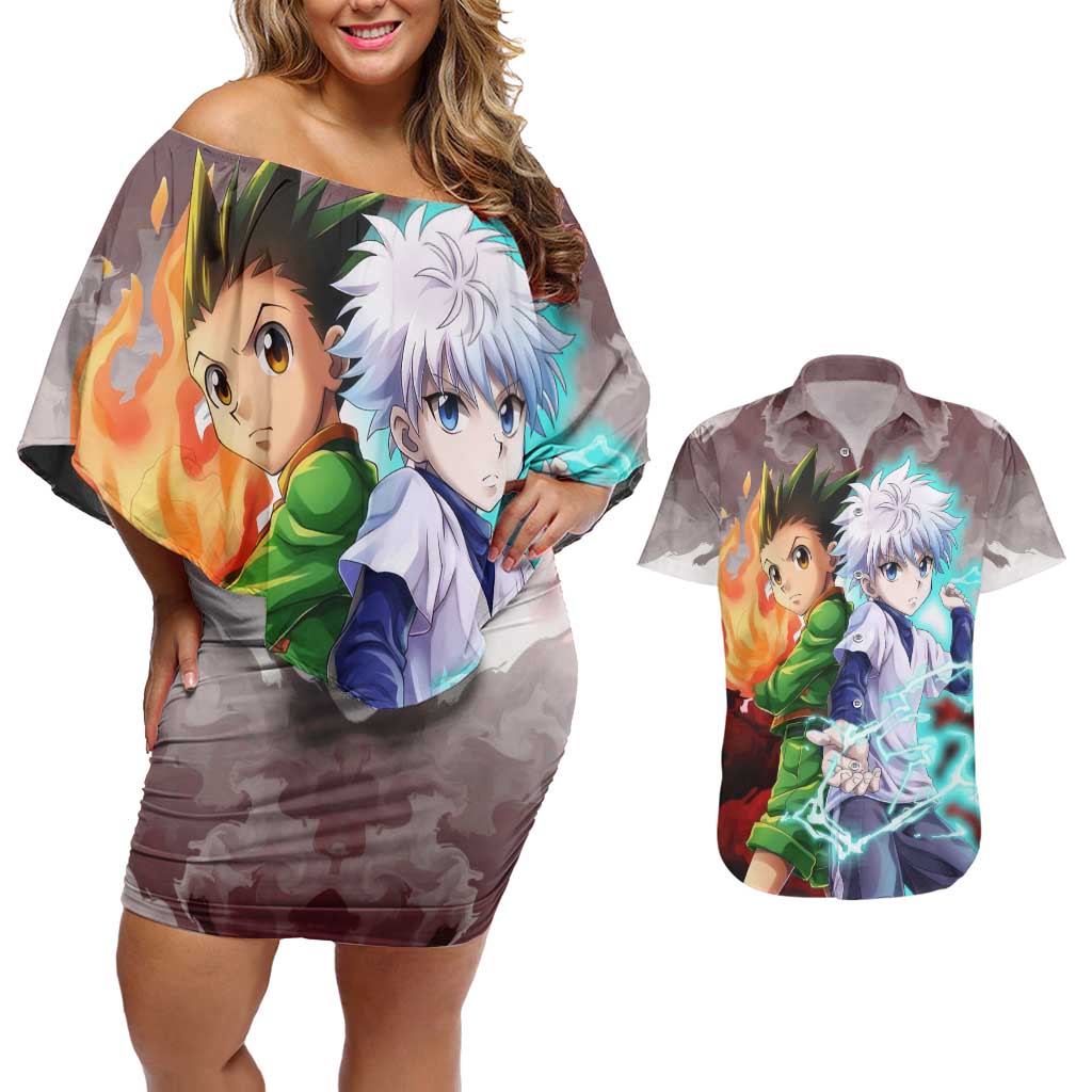 Power Duo Gon & Killua Hunter X Hunter Couples Matching Off Shoulder Short Dress and Hawaiian Shirt Anime Style