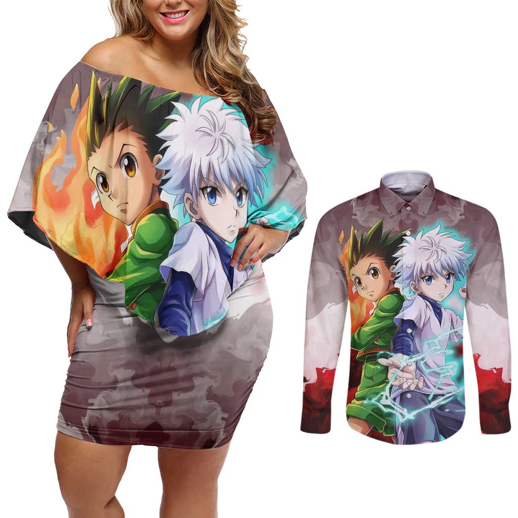 Power Duo Gon & Killua Hunter X Hunter Couples Matching Off Shoulder Short Dress and Long Sleeve Button Shirt Anime Style