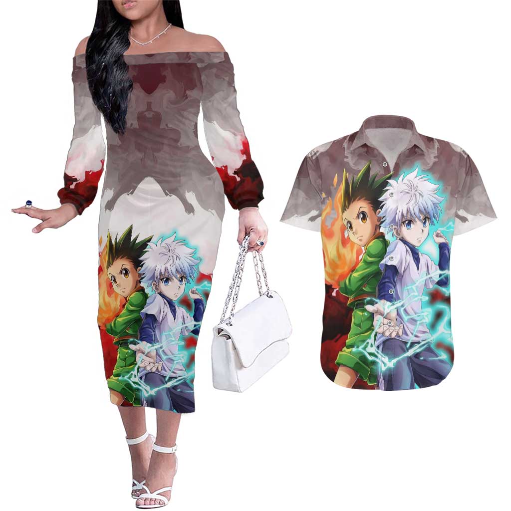 Power Duo Gon & Killua Hunter X Hunter Couples Matching Off The Shoulder Long Sleeve Dress and Hawaiian Shirt Anime Style