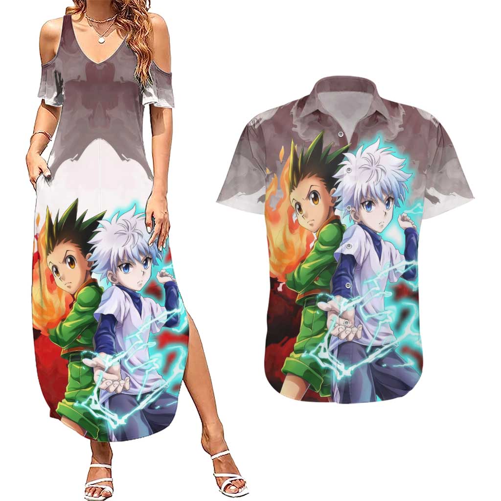 Power Duo Gon & Killua Hunter X Hunter Couples Matching Summer Maxi Dress and Hawaiian Shirt Anime Style