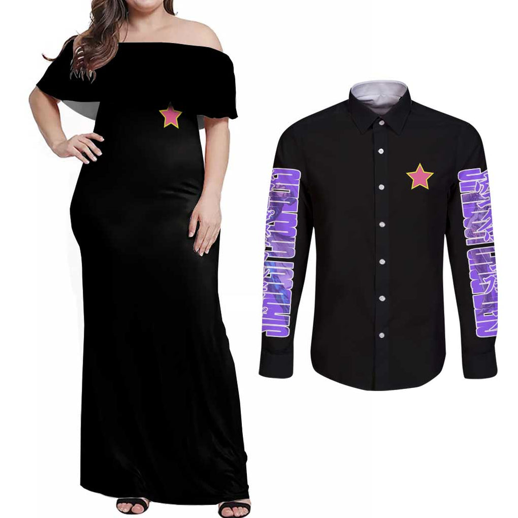 Jotaro Kujo Jojo’s Six Star Bizarre Adventure Couples Matching Off Shoulder Maxi Dress and Long Sleeve Button Shirt Anime Style