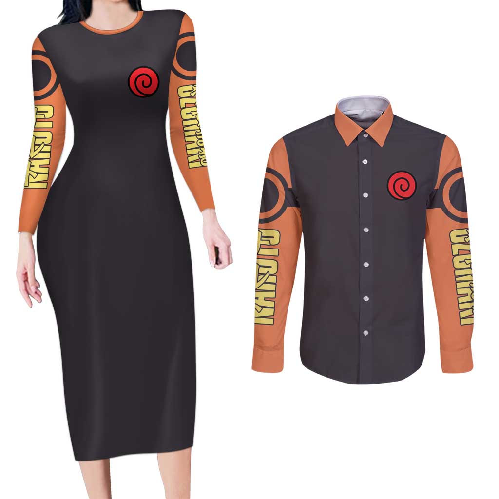 Uzumaki Naruto Naruto Shippuden Couples Matching Long Sleeve Bodycon Dress and Long Sleeve Button Shirt Anime Style