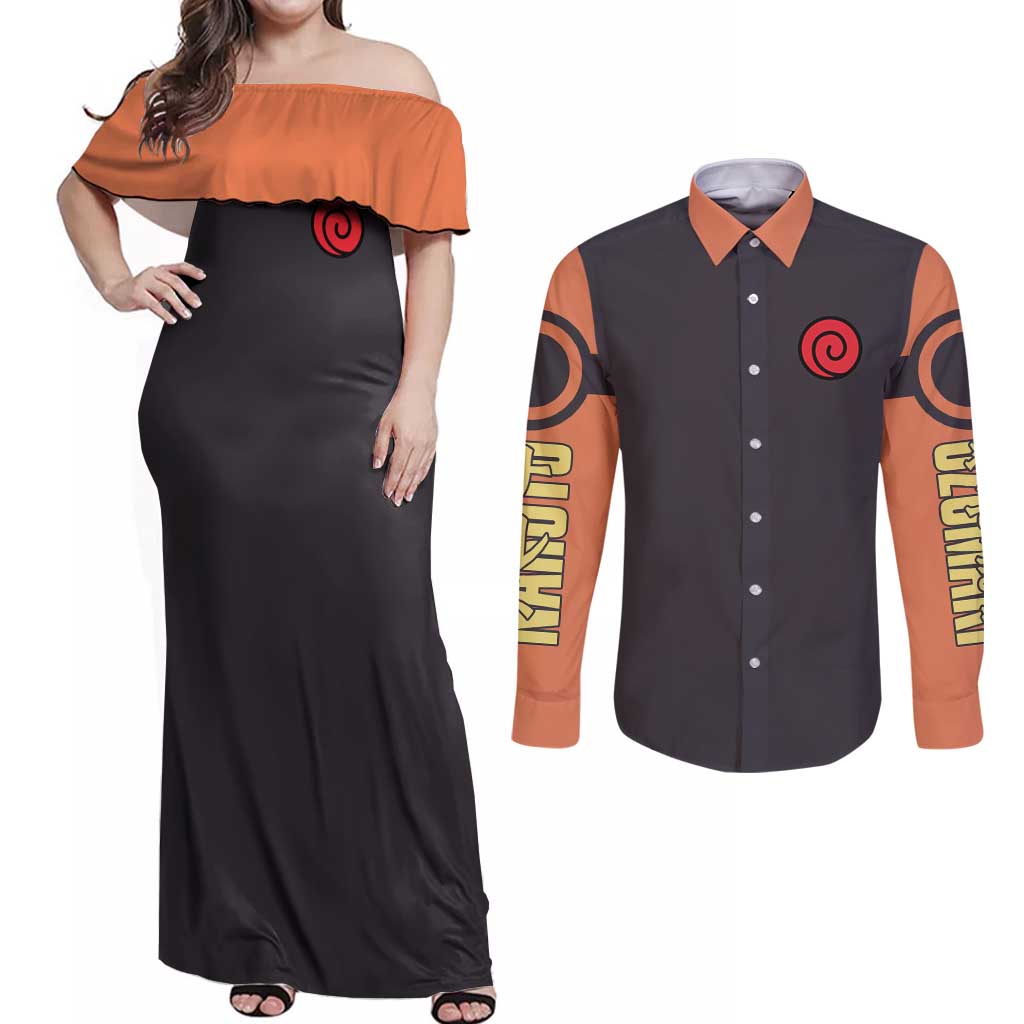 Uzumaki Naruto Naruto Shippuden Couples Matching Off Shoulder Maxi Dress and Long Sleeve Button Shirt Anime Style