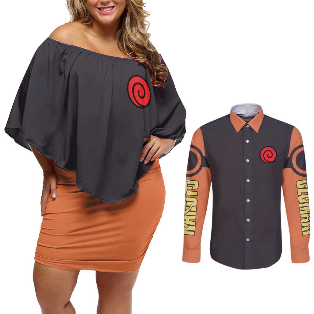 Uzumaki Naruto Naruto Shippuden Couples Matching Off Shoulder Short Dress and Long Sleeve Button Shirt Anime Style