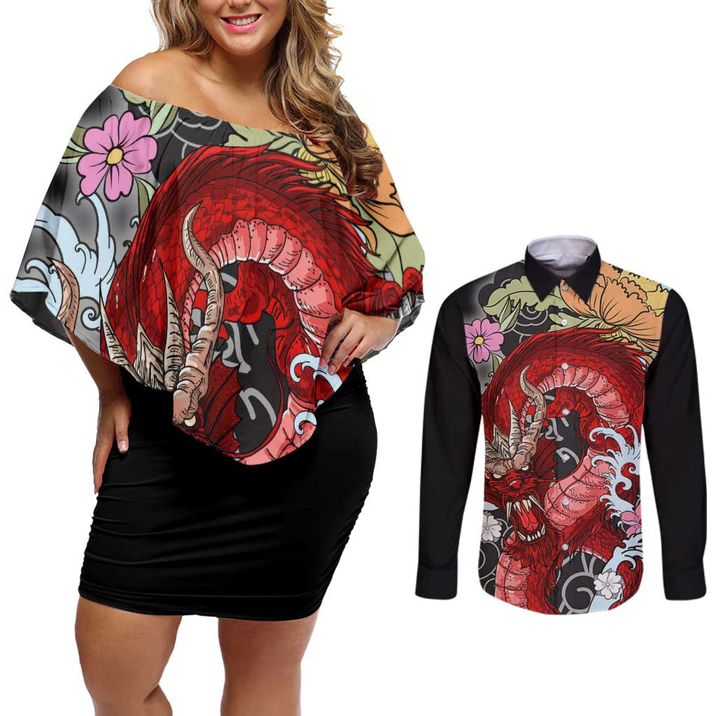 Red Dragon Couples Matching Off Shoulder Short Dress and Long Sleeve Button Shirt Japan Art Style