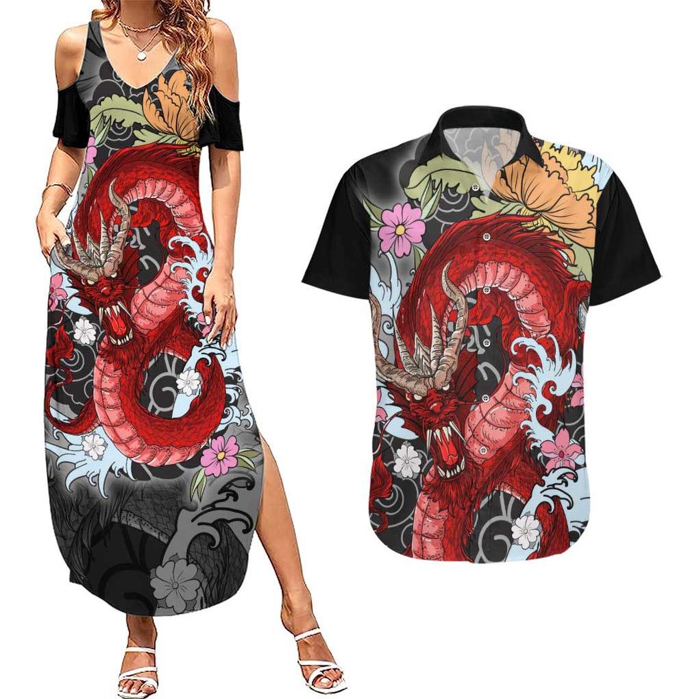 Red Dragon Couples Matching Summer Maxi Dress and Hawaiian Shirt Japan Art Style