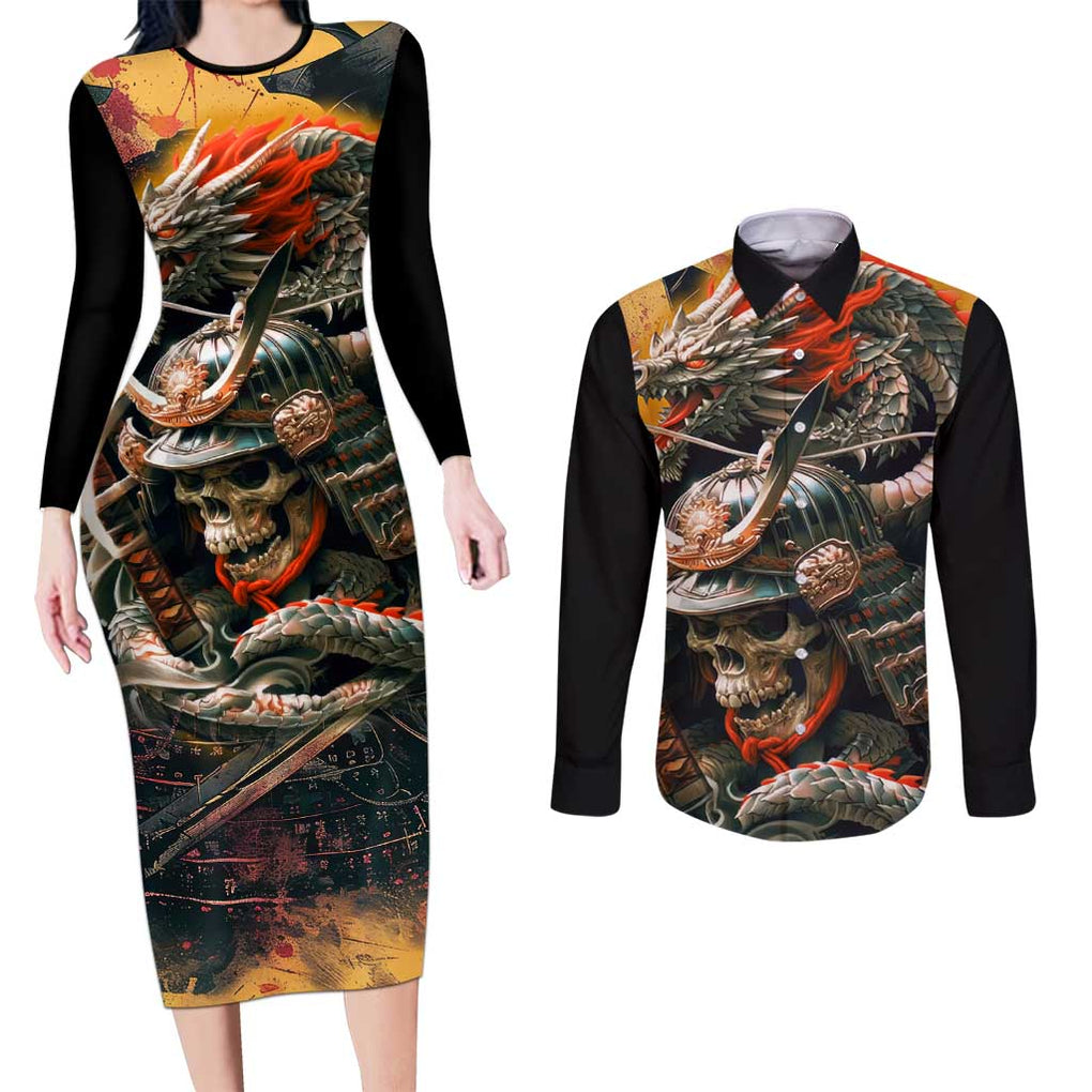 Samurai Yakuza Couples Matching Long Sleeve Bodycon Dress and Long Sleeve Button Shirt Japan Art Style