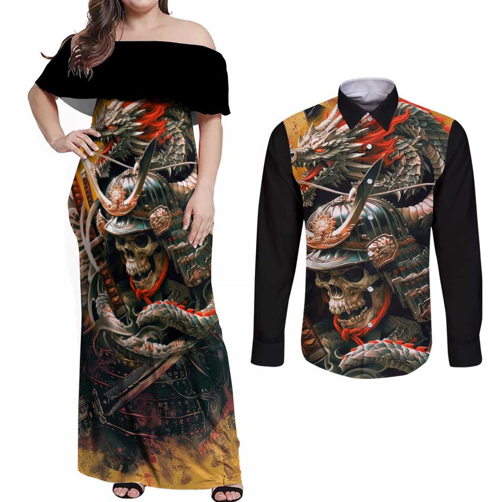 Samurai Yakuza Couples Matching Off Shoulder Maxi Dress and Long Sleeve Button Shirt Japan Art Style