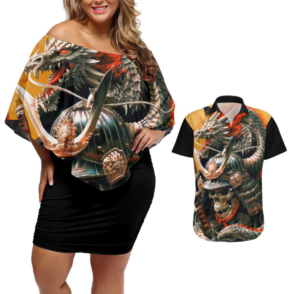 Samurai Yakuza Couples Matching Off Shoulder Short Dress and Hawaiian Shirt Japan Art Style