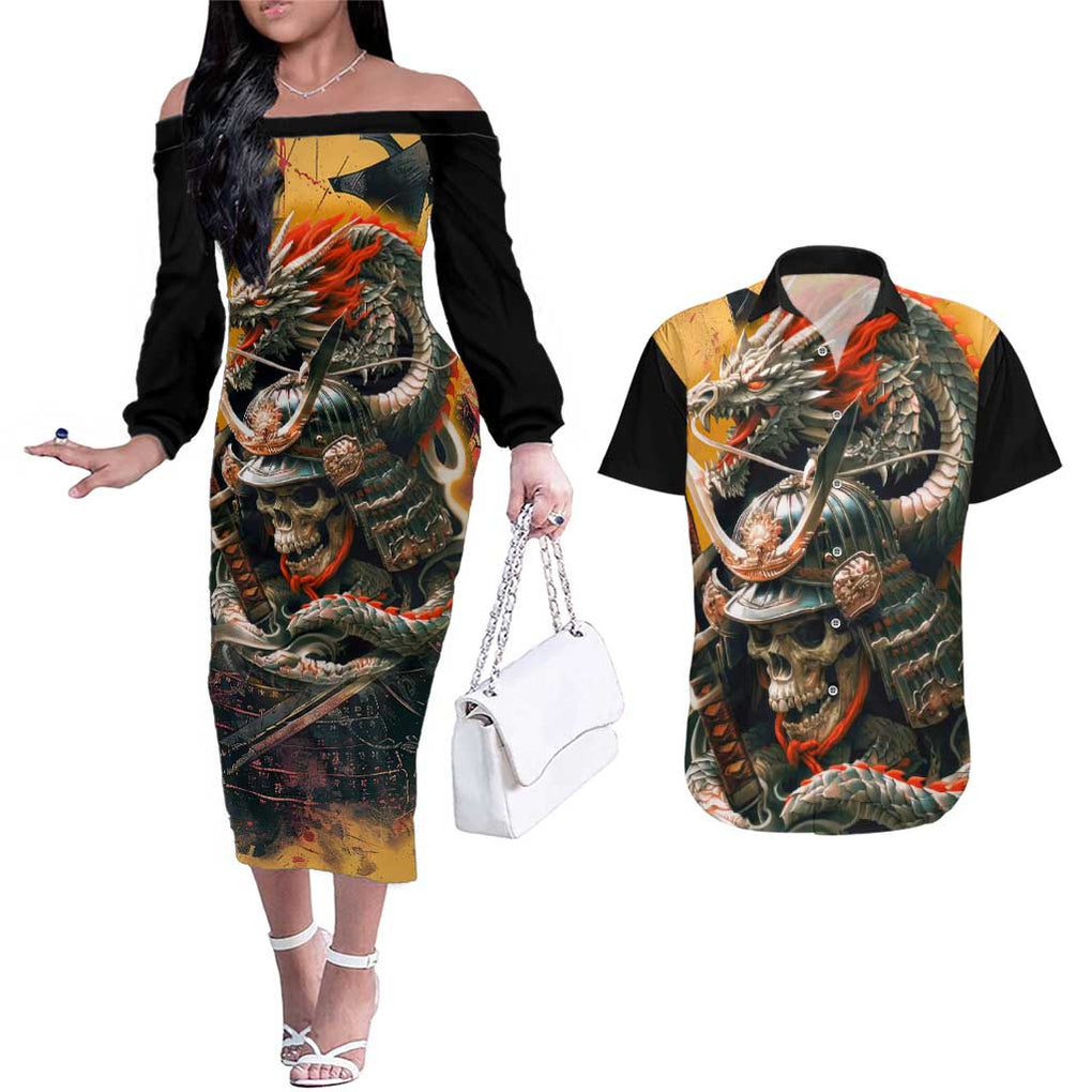 Samurai Yakuza Couples Matching Off The Shoulder Long Sleeve Dress and Hawaiian Shirt Japan Art Style