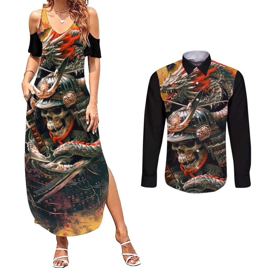 Samurai Yakuza Couples Matching Summer Maxi Dress and Long Sleeve Button Shirt Japan Art Style