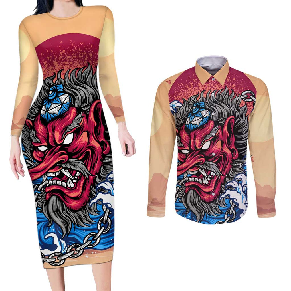 Tengu Couples Matching Long Sleeve Bodycon Dress and Long Sleeve Button Shirt Japan Art Style