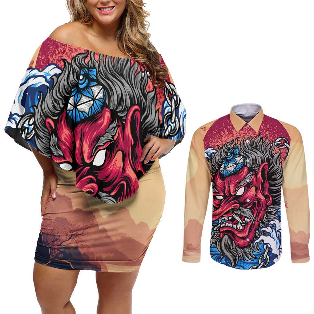 Tengu Couples Matching Off Shoulder Short Dress and Long Sleeve Button Shirt Japan Art Style