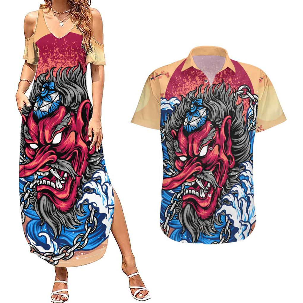 Tengu Couples Matching Summer Maxi Dress and Hawaiian Shirt Japan Art Style