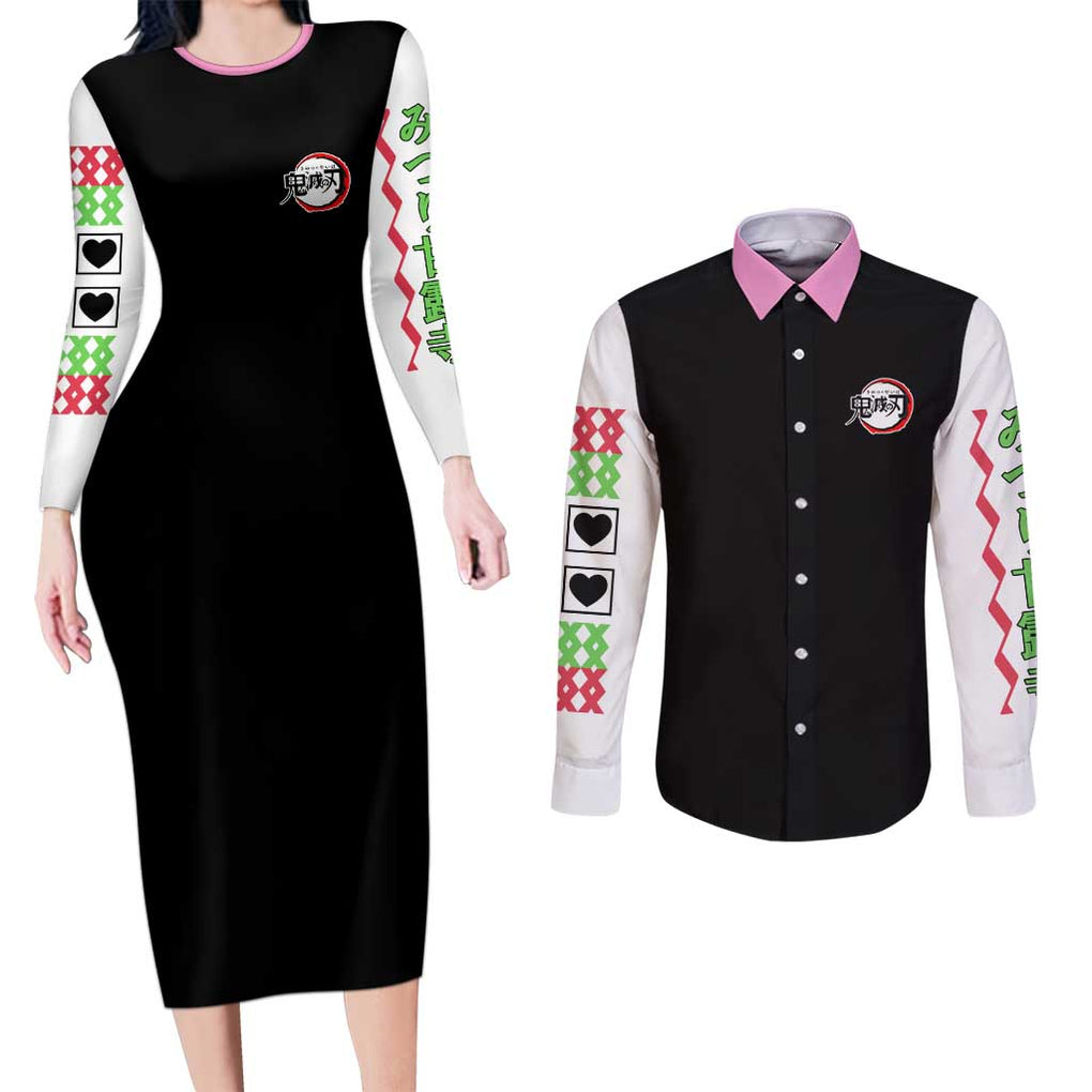 Mitsuri Kanroji - Kimesu No Yaiba Couples Matching Long Sleeve Bodycon Dress and Long Sleeve Button Shirt Anime Style