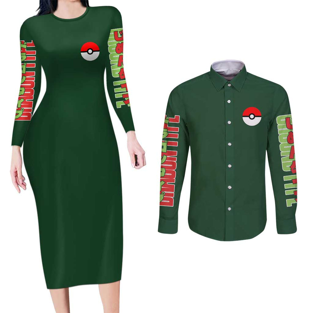 Flygon - Poke Couples Matching Long Sleeve Bodycon Dress and Long Sleeve Button Shirt Anime Style