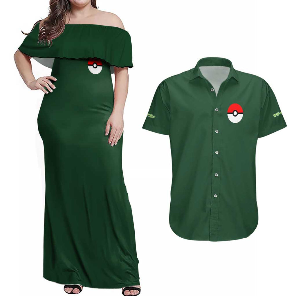 Flygon - Poke Couples Matching Off Shoulder Maxi Dress and Hawaiian Shirt Anime Style