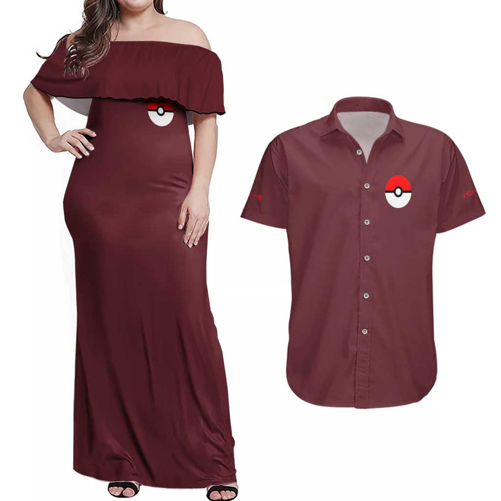 Blaziken - Poke Couples Matching Off Shoulder Maxi Dress and Hawaiian Shirt Anime Style