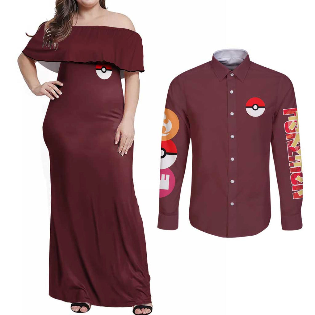 Blaziken - Poke Couples Matching Off Shoulder Maxi Dress and Long Sleeve Button Shirt Anime Style