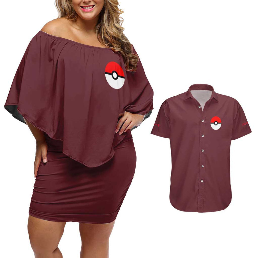 Blaziken - Poke Couples Matching Off Shoulder Short Dress and Hawaiian Shirt Anime Style