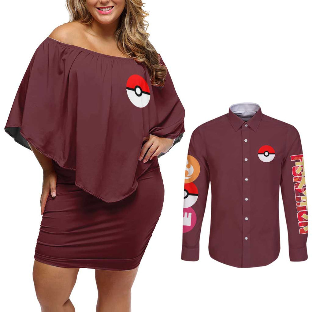 Blaziken - Poke Couples Matching Off Shoulder Short Dress and Long Sleeve Button Shirt Anime Style