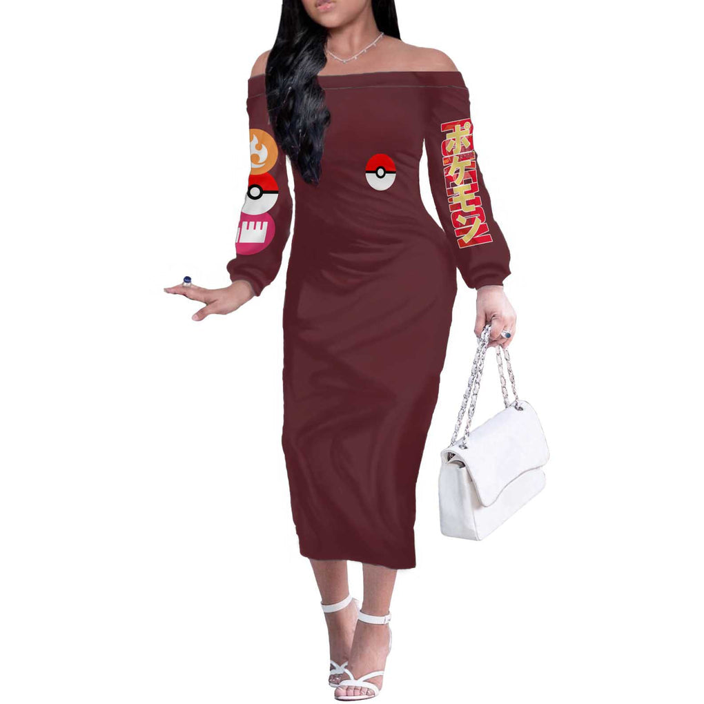 Blaziken - Poke Off The Shoulder Long Sleeve Dress Anime Style