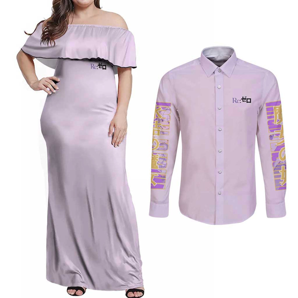 Emilia Re: Zero Couples Matching Off Shoulder Maxi Dress and Long Sleeve Button Shirt Anime Style