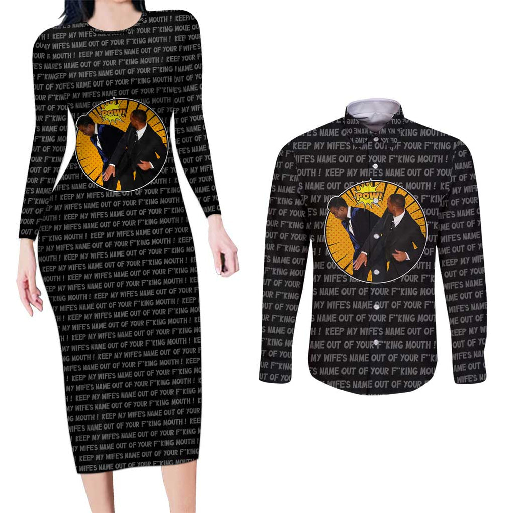 Will Smith Slaps Chris Rock Meme Couples Matching Long Sleeve Bodycon Dress and Long Sleeve Button Shirt Funny Meme Art Style