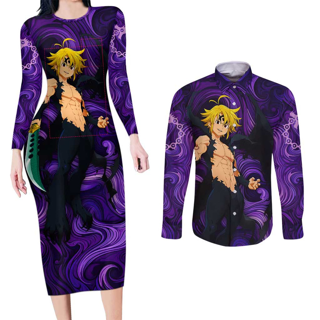 Trippy Meliodas Assault Mode Seven Deadly Sins Couples Matching Long Sleeve Bodycon Dress and Long Sleeve Button Shirt Trippy Style