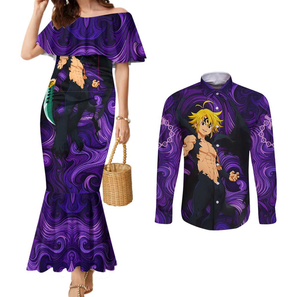 Trippy Meliodas Assault Mode Seven Deadly Sins Couples Matching Mermaid Dress and Long Sleeve Button Shirt Trippy Style