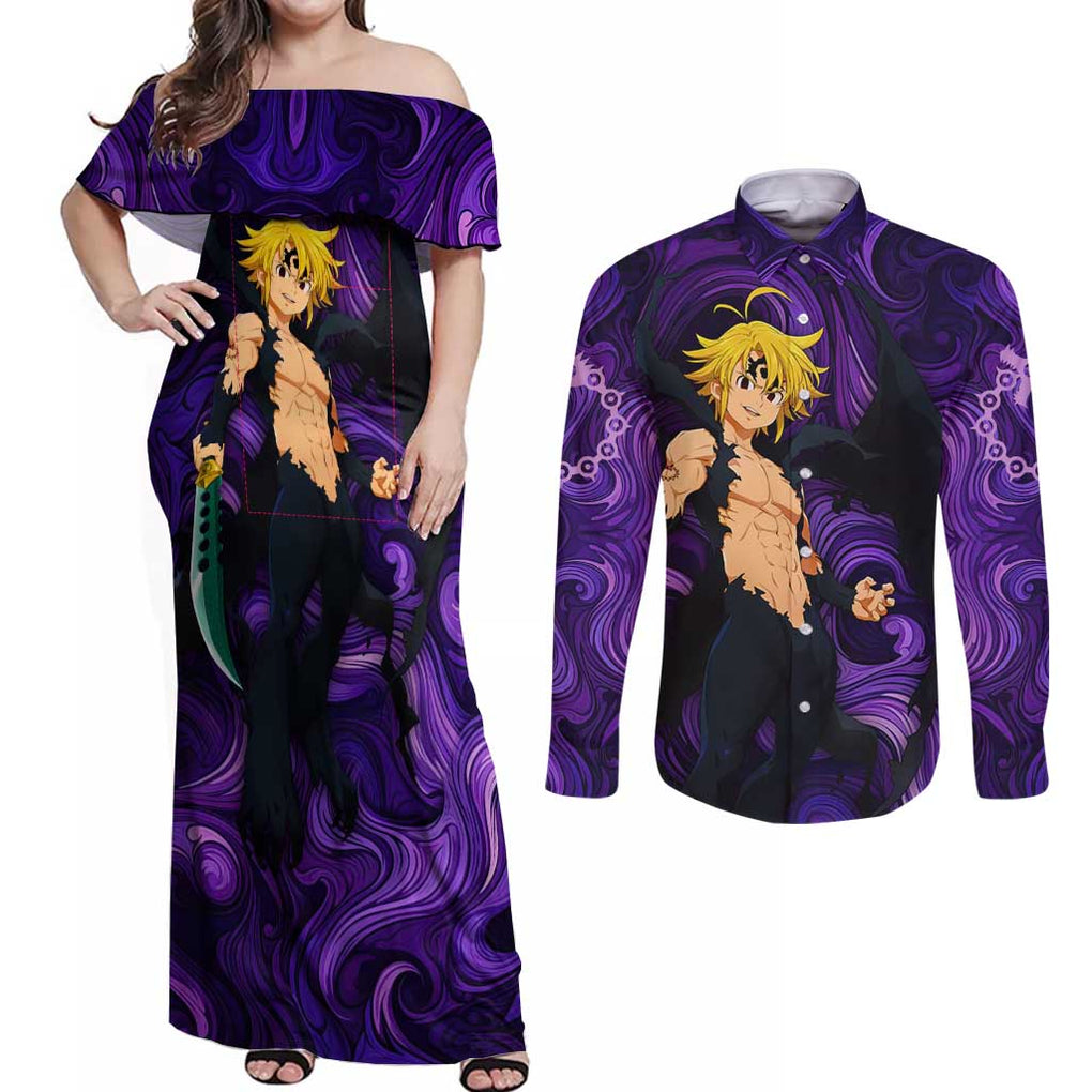 Trippy Meliodas Assault Mode Seven Deadly Sins Couples Matching Off Shoulder Maxi Dress and Long Sleeve Button Shirt Trippy Style