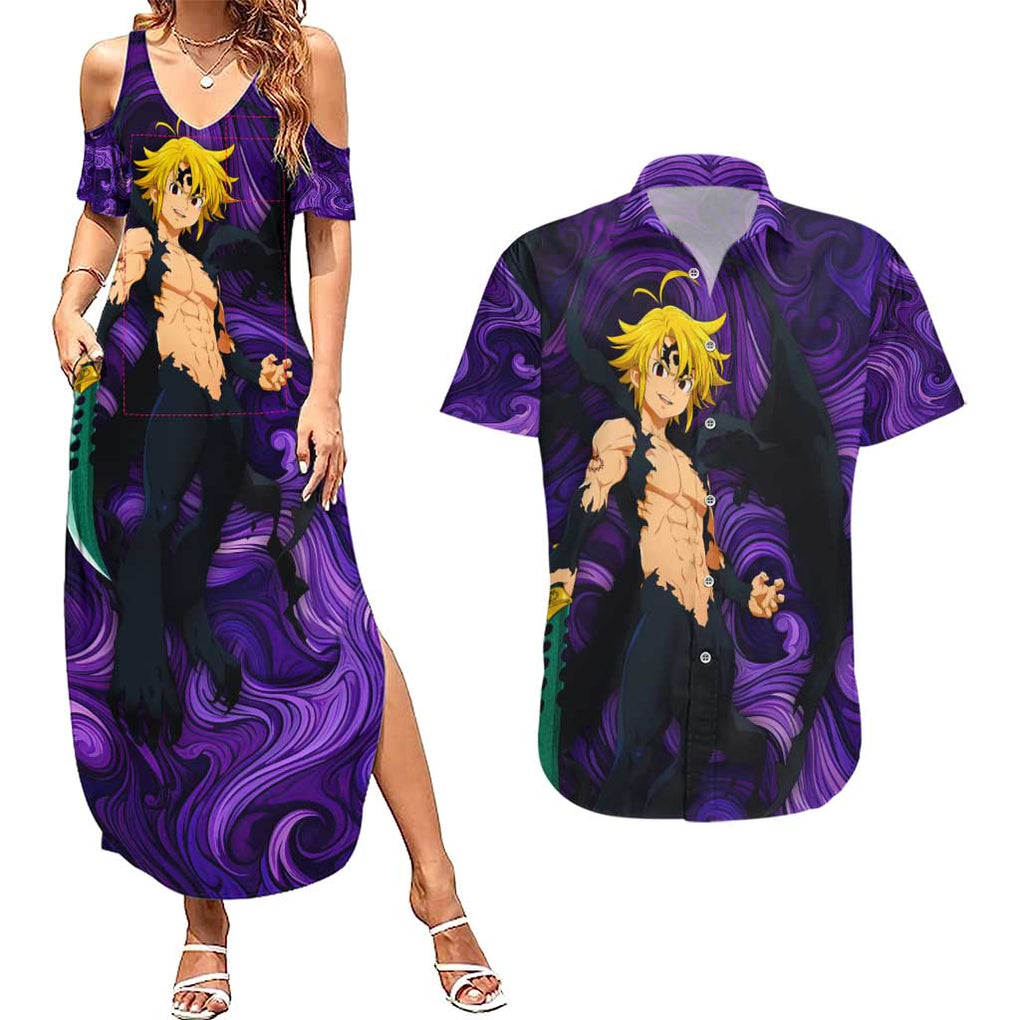 Trippy Meliodas Assault Mode Seven Deadly Sins Couples Matching Summer Maxi Dress and Hawaiian Shirt Trippy Style