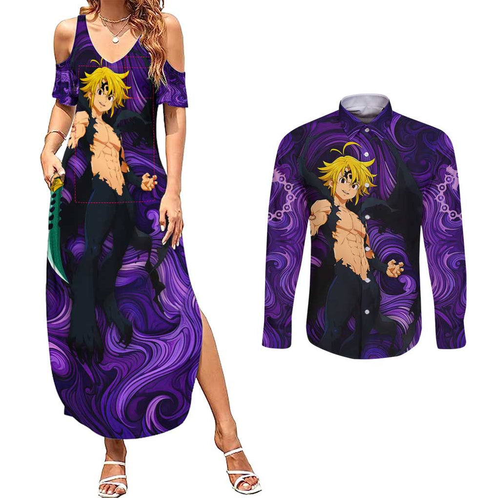 Trippy Meliodas Assault Mode Seven Deadly Sins Couples Matching Summer Maxi Dress and Long Sleeve Button Shirt Trippy Style