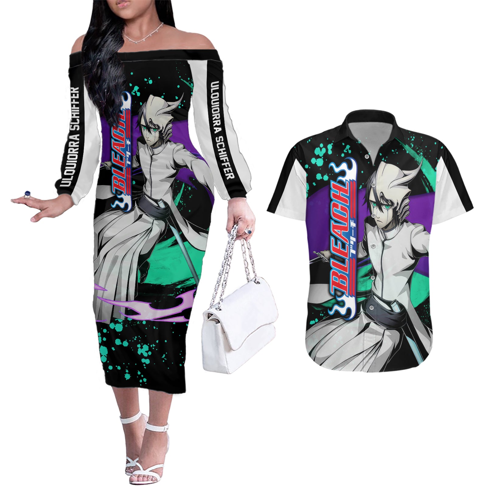 Ulquiorra Schiffer Couples Matching Off The Shoulder Long Sleeve Dress and Hawaiian Shirt Bleach