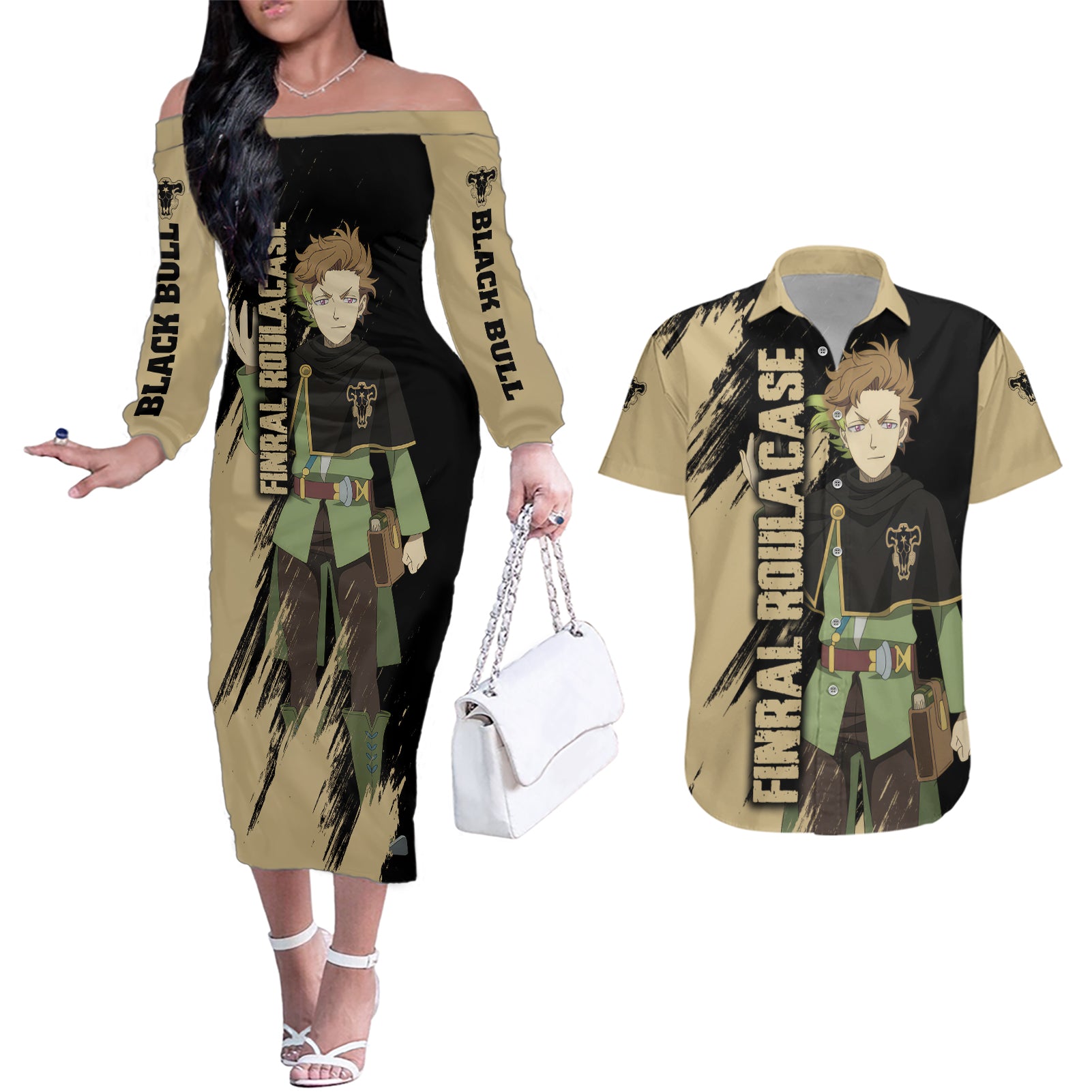 Black Bull Finral Roulacase Couples Matching Off The Shoulder Long Sleeve Dress and Hawaiian Shirt Black Clover Anime