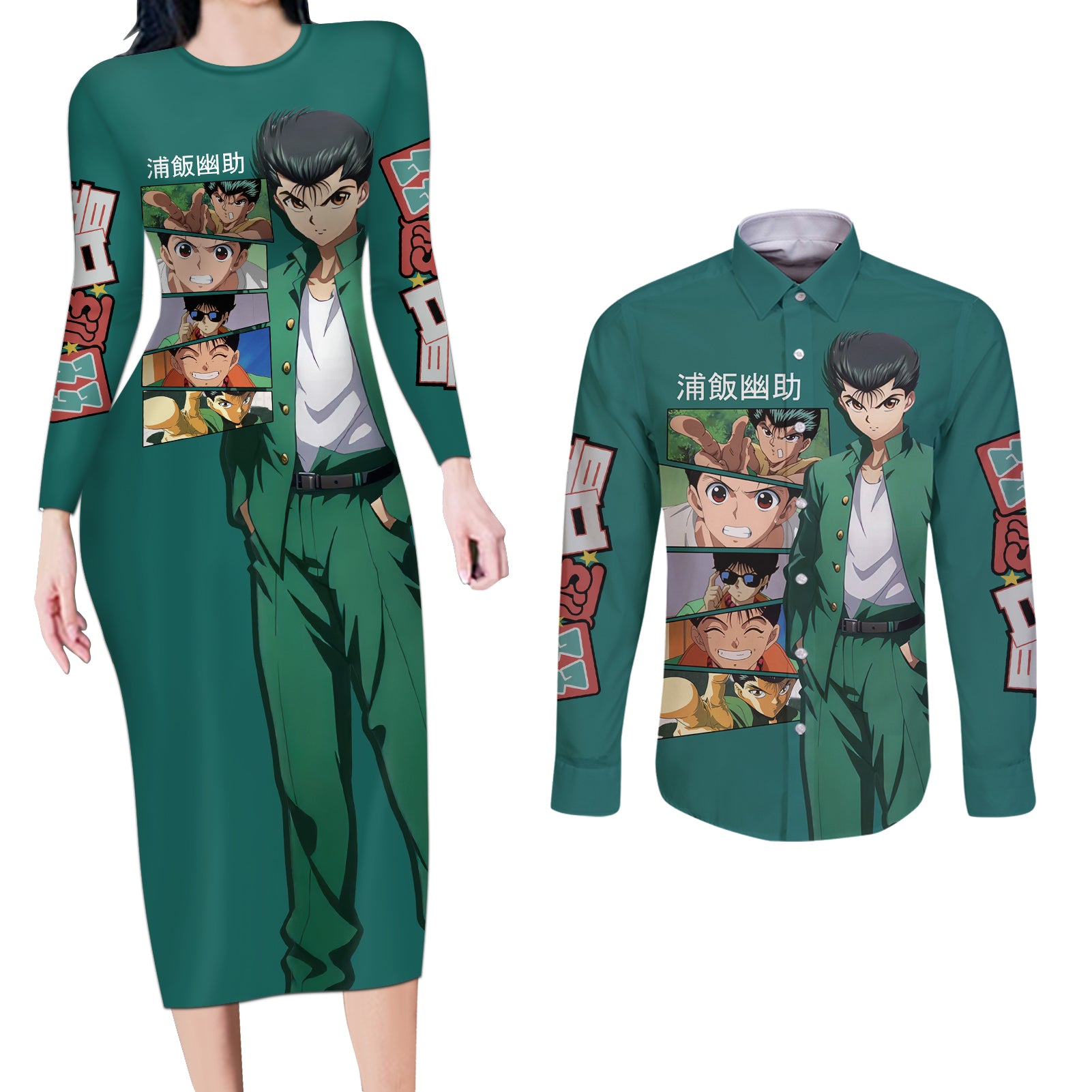 Yusuke Urameshi Couples Matching Long Sleeve Bodycon Dress and Long Sleeve Button Shirt Yu Yu Hakusho Anime