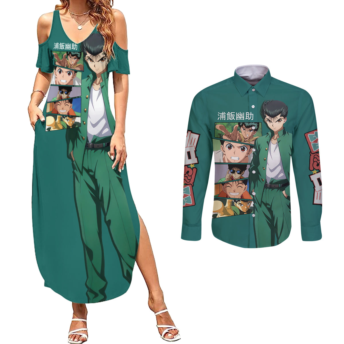 Yusuke Urameshi Couples Matching Summer Maxi Dress and Long Sleeve Button Shirt Yu Yu Hakusho Anime