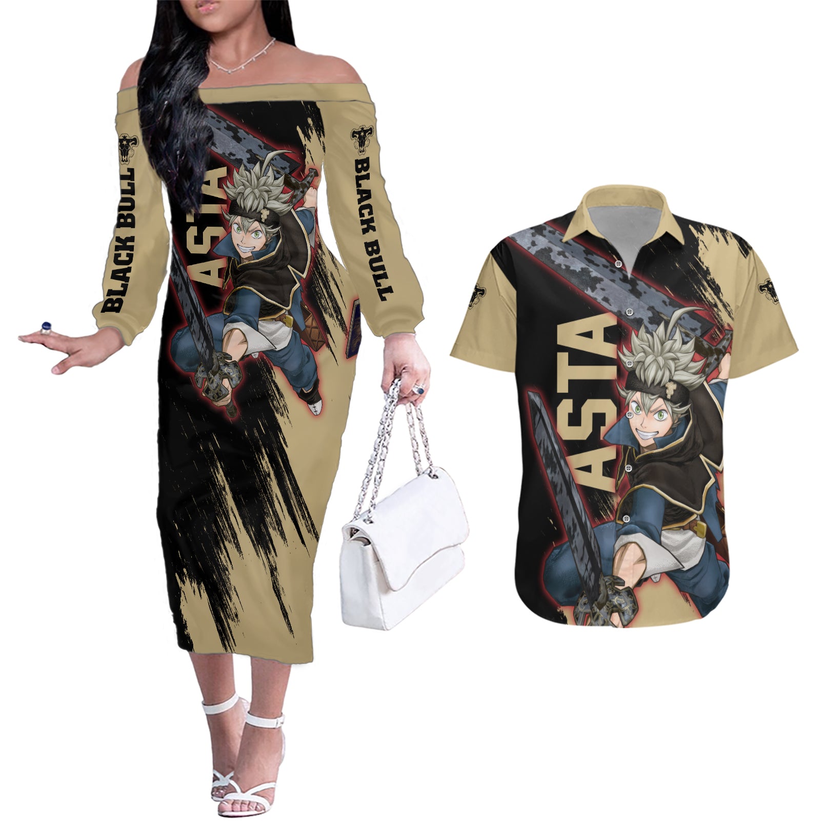 Black Bull Asta Couples Matching Off The Shoulder Long Sleeve Dress and Hawaiian Shirt Black Clover Anime