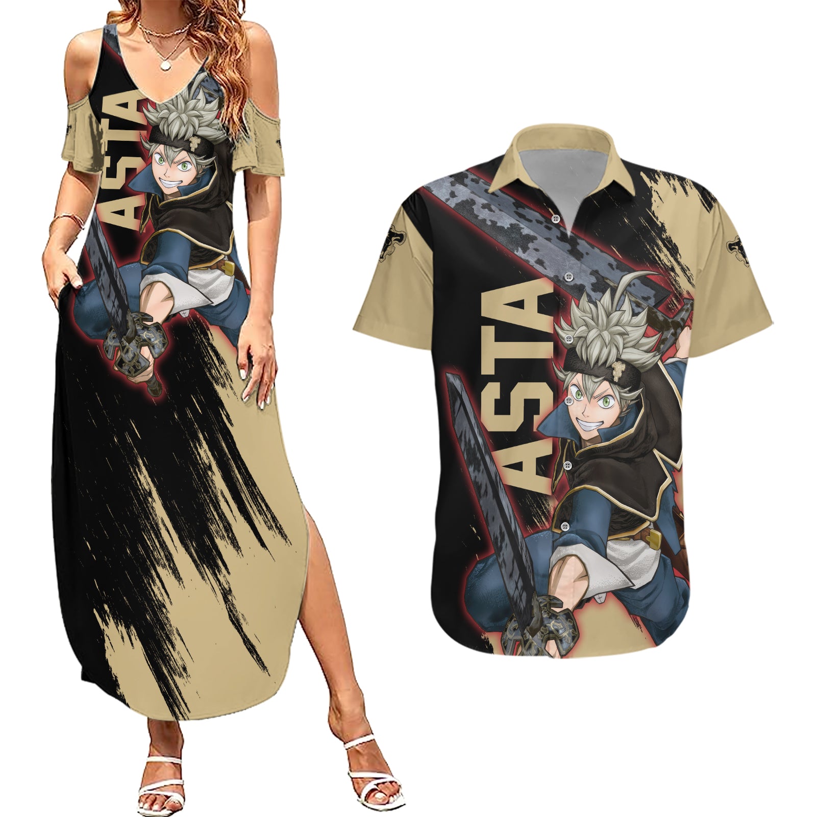 Black Bull Asta Couples Matching Summer Maxi Dress and Hawaiian Shirt Black Clover Anime