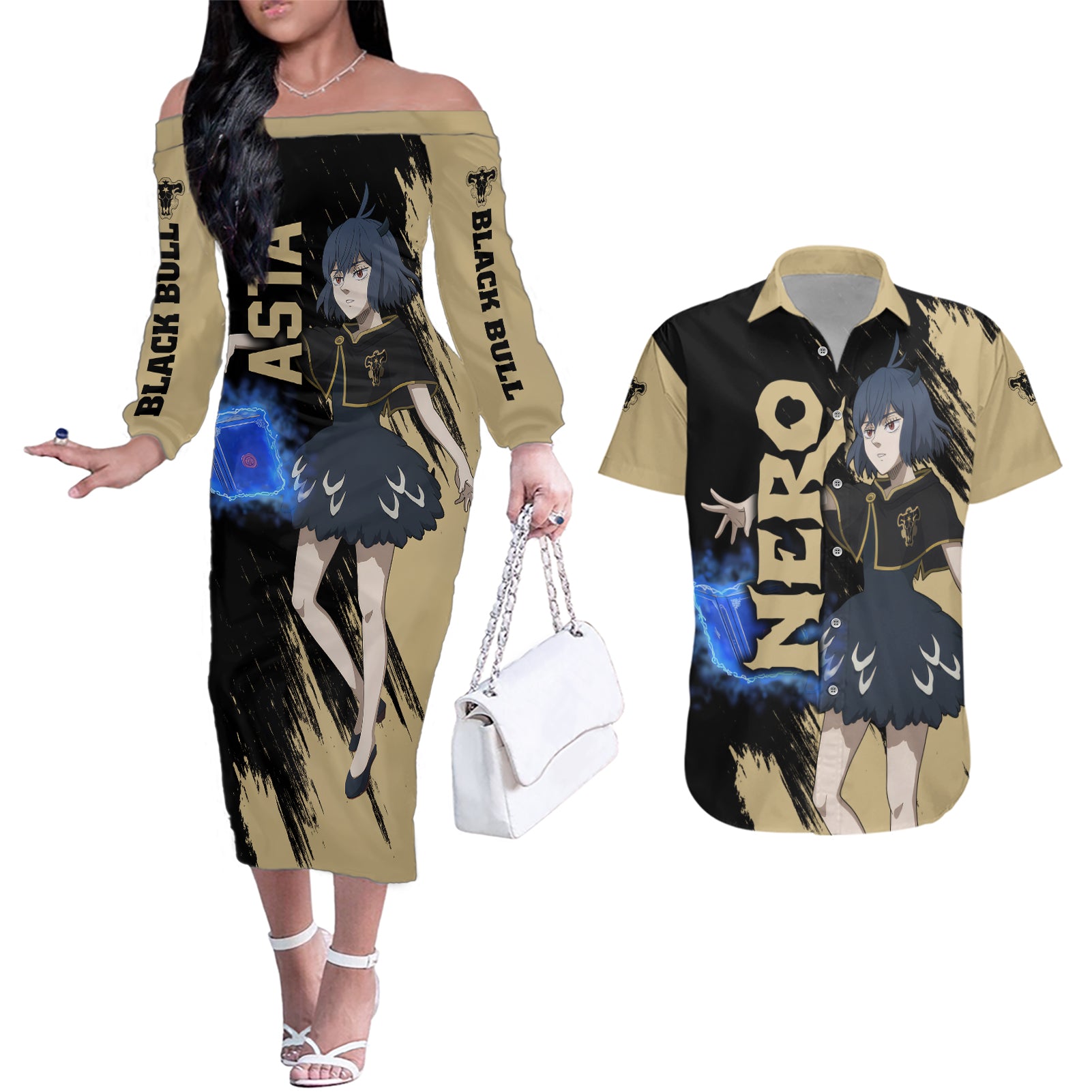 Black Bull Nero Couples Matching Off The Shoulder Long Sleeve Dress and Hawaiian Shirt Black Clover Anime