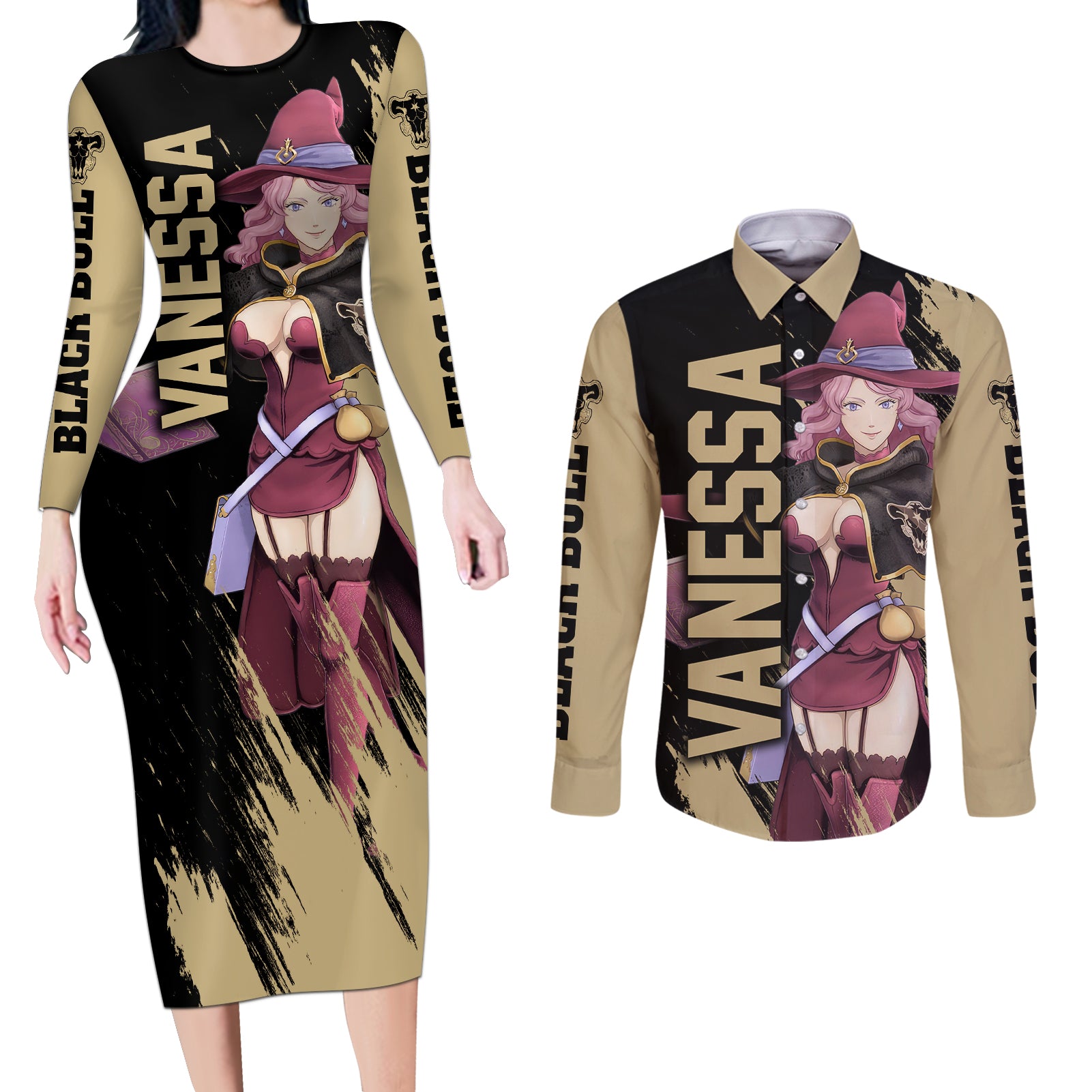 Black Bull Vanessa Couples Matching Long Sleeve Bodycon Dress and Long Sleeve Button Shirt Black Clover Anime