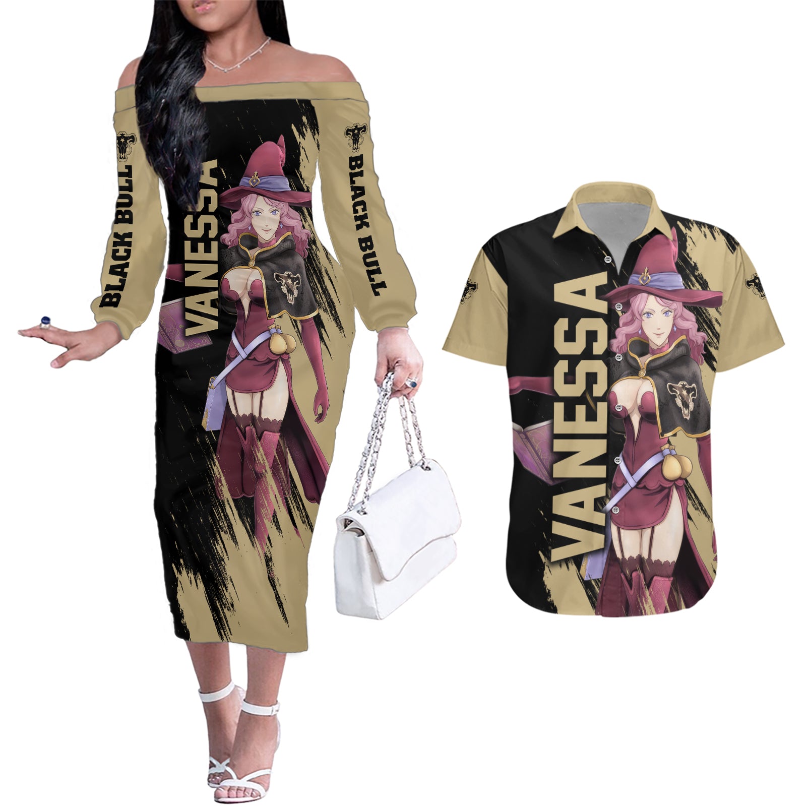 Black Bull Vanessa Couples Matching Off The Shoulder Long Sleeve Dress and Hawaiian Shirt Black Clover Anime