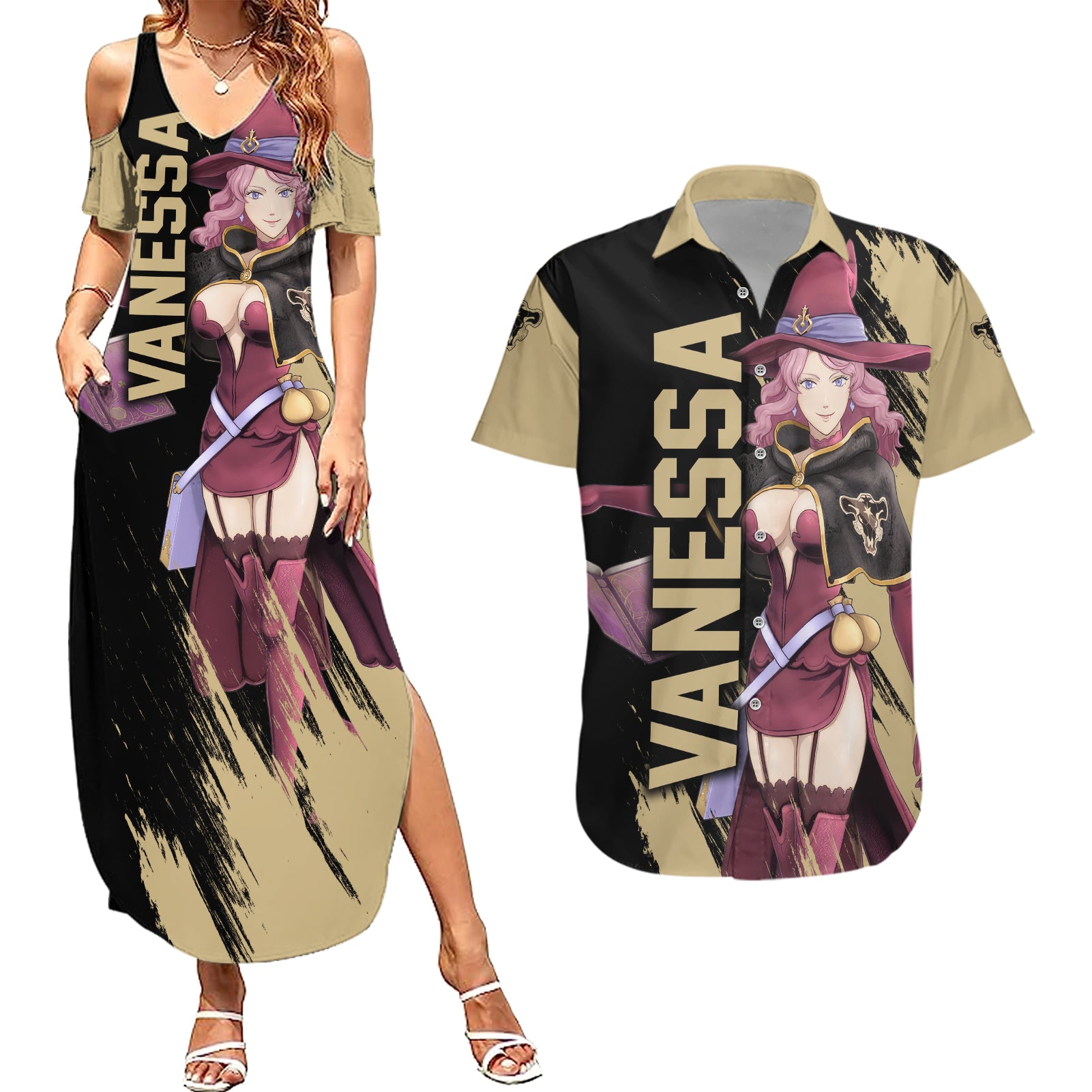 Black Bull Vanessa Couples Matching Summer Maxi Dress and Hawaiian Shirt Black Clover Anime