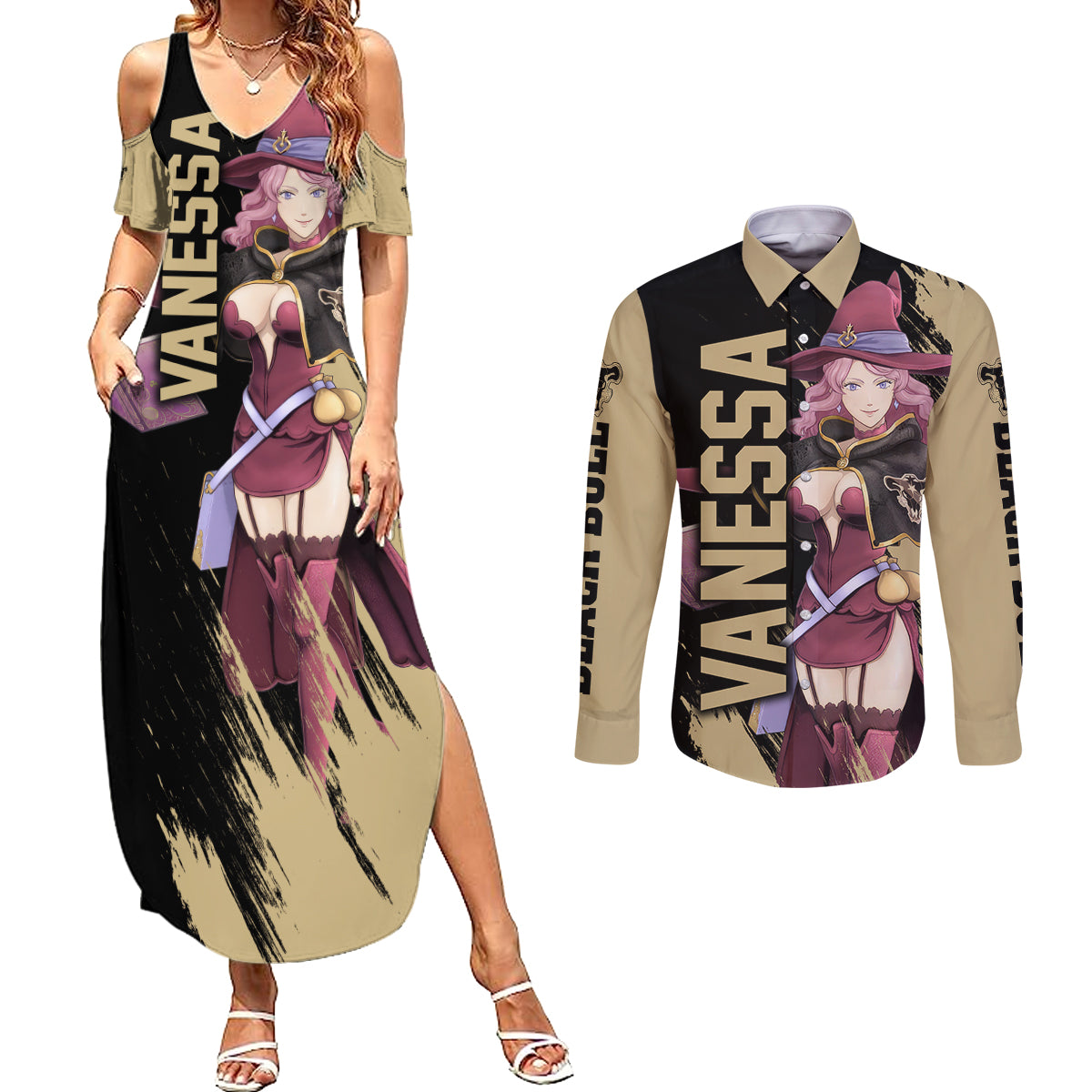 Black Bull Vanessa Couples Matching Summer Maxi Dress and Long Sleeve Button Shirt Black Clover Anime