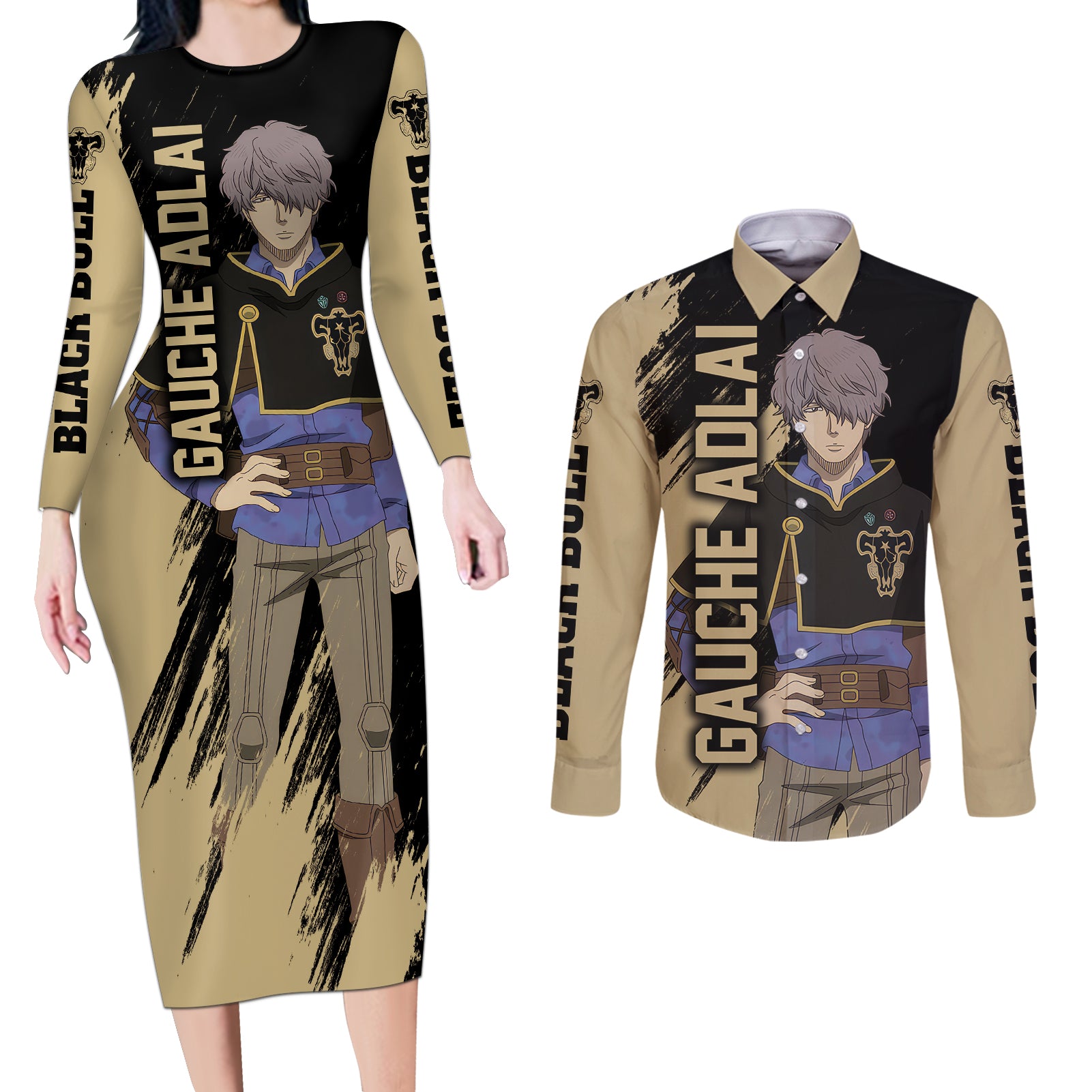 Black Bull Gauche Adlai Couples Matching Long Sleeve Bodycon Dress and Long Sleeve Button Shirt Black Clover Anime